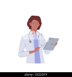 Le praticien médecin femme avec stéthoscope avec comprimé. Consultation médicale et diagnostic. Le travail en cabinet médical hospitalier. Cartoo plat vectoriel Illustration de Vecteur
