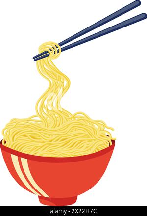 Nouilles longues jaunes ramen dans un bol rouge avec des baguettes. Cuisine asiatique orientale. Illustration vectorielle. Illustration de Vecteur