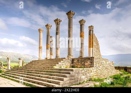 Volubilis, Maroc - 20 mars 2024 : attraction touristique et site archéologique romain situé près de Meknès. Volubilis, Maroc est une HER mondiale de l'UNESCO Banque D'Images