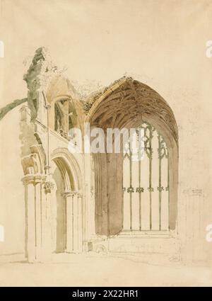 Abbaye de Melrose : la fenêtre est, 1800. Banque D'Images