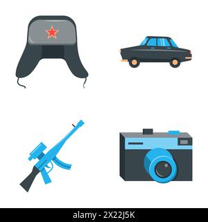 Symboles URSS icône plate définie. Chapeau Ushanka, caméra soviétique, voiture Volga et fusil Kalachnikov. Illustration vectorielle. Illustration de Vecteur