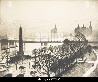 Westminster depuis une fenêtre de Savoie, 1925 -1926. Une vue d'hiver sur la Tamise regardant vers le sud-ouest depuis une fenêtre supérieure du Savoy Hotel. Banque D'Images