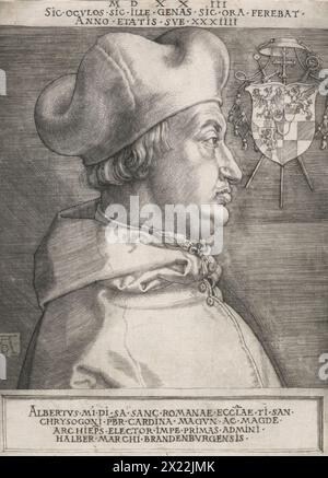 Cardinal Albrecht de Brandebourg (le grand cardinal), 1523. Le cardinal Albrecht (Albert) de Brandebourg (1490-1545) fut électeur et archevêque de Mayence de 1514 à 1545, et archevêque de Magdebourg de 1513 à 1545. Sa vente d'indulgences (pardons de l'Église pour péchés) pour rembourser des prêts à la famille bancaire Fugger, et pour maintenir son style de vie somptueux, irrita Martin Luther et le poussa à écrire ses thèses de 95 qui conduisirent à la réforme. Banque D'Images