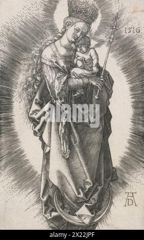 La Vierge sur le croissant avec un sceptre et une couronne étoilée, 1516. La Vierge se tient sur un croissant de lune, tenant Christ dans ses bras (il tient une pomme). Elle tient un sceptre et porte une haute couronne surmontée d'étoiles. La lumière jaillit de derrière elle dans une auréole ou un mandala. Cela reflète la «femme vêtue du soleil, et la lune sous ses pieds, et sur sa tête une couronne de douze étoiles», souvent identifiée avec la Vierge, dans le Livre des révélations (12:1). Banque D'Images