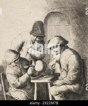 La cruche vide, 1653? Deux hommes réagissent alors que leur compagnon regarde scandaleusement dans une bouteille de bière vide. L'homme debout tend la main dans sa veste, peut-être à la recherche de pièces de monnaie pour payer une recharge. Celui assis regarde avec intérêt alors qu'il remplit sa pipe. Dans ce cadre clairsemé, autour d'une petite table à côté d'une fenêtre bordée, peut-être dans une auberge, les hommes se rassemblent pour boire et fumer. Banque D'Images