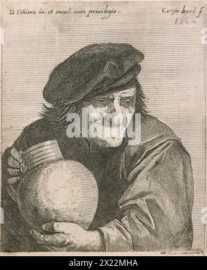 Pas de titre. (Paysan tenant pot.), 1635-1668. Un homme âgé portant un chapeau mou et un sourire contenté tient un pot en céramique, une cruche ou une carafe à côté de lui. Banque D'Images