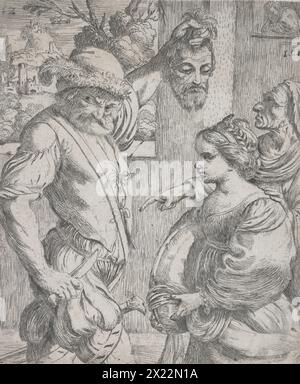 La décapitation de Jean-Baptiste, 1625-1630. Planche 12 de la série 'Esemplari per facilitar gli amatori del disegno' (spécimens pour faciliter le dessin pour les passionnés) et correspond à un livret de treize, dédié à Roberto Canonici. Il représente un bourreau moche et brutal - presque certainement influencé par les graveurs allemands « petits maîtres » antérieurs - tenant la tête de Saint Jean Baptiste à Salomé magnifiquement habillé et plutôt rigide, qui tient un chargeur en métal pour l'accueillir. Banque D'Images