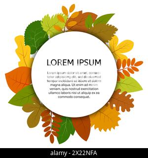 Feuilles d'automne colorées sous étiquette ronde blanche. Carte vectorielle avec des feuilles jaunes isolées sur fond blanc Illustration de Vecteur