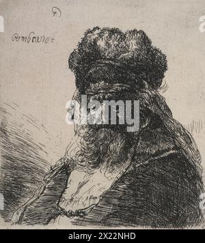 Vieil homme barbu dans un bonnet de fourrure haute, les yeux fermés, c.1635. Des ombres coulées suivent le visage altéré du vieil homme, ondulant sur sa peau âgée et sa barbe complète. Il est représenté dans un profil de trois quarts, les yeux fermés, et apparaît comme une figure sage et introspective - les yeux fermés transmettent la pensée et peut-être la prière plutôt que le sommeil. Banque D'Images