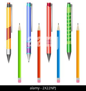 Ensemble de stylos multicolores et crayons sur un fond blanc Illustration de Vecteur