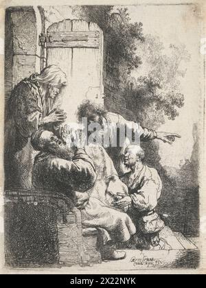 Le manteau de Joseph apporté à Jacob, c.1633. Les conséquences tragiques, lorsque les frères de Joseph se sont retournés contre lui, sont décrites dans Genèse 37:12-35. Dans sa gravure, la nouvelle immédiate est transmise au dévasté Jacob, qui jette la tête en arrière et lève les mains dans l'horreur à la vue du manteau. L'un des fils, probablement Ruben, joue l'histoire, tandis que son frère Juda est plus calme, feignant l'inquiétude. Son sac à main volumineux trahit la vérité derrière la tromperie. Leah, sa mère âgée, se tient à la porte, regardant la bouche ouverte, et attire nerveusement ses mains ensemble Banque D'Images