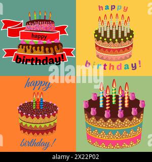 Ensemble de quatre gâteaux d'anniversaire sucrés avec des bougies allumées. Dessert coloré des fêtes. Fond de célébration de vecteur. Illustration de Vecteur
