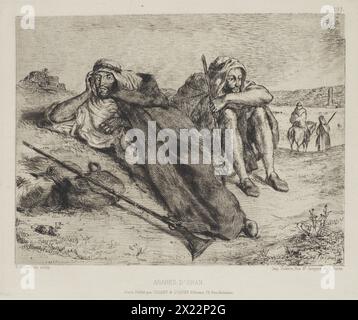 Eaux-fortes modernes. Planche 197. Arabes d'Oran (Arabes d'Oran), 1833. Montre un cadre extérieur avec deux hommes, l'un incliné et face au spectateur, l'autre assis avec ses jambes tirées dans sa poitrine et regardant vers la droite. Ils sont habillés de robes et portent des coiffes arabes 'Guhtra'. Ils ont des fusils à flanc. En arrière-plan à droite se trouvent deux hommes, dont un à cheval, qui se dirigent vers un groupe de bâtiments au loin. Banque D'Images