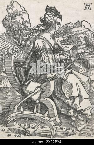 Prog Catherine, 1505-1507. Sainte Catherine d'Alexandrie est belle, luxueusement habillée et sereine. Son studiosité est dénotée par le volume sacré qu'elle détient. À côté d'elle se trouvent les instruments de son martyre, la roue et l'épée. Banque D'Images