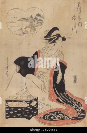 Ichikawa de la Matsubaya, 1790-1800. L'oiran, ou y&#xfc;JO &#x2018;Woman of Pleasure&#x2019 ; Ichikawa, qui travaillait dans la maison Matsuba dans le quartier Edomachi Itchome du Yoshiwara. Elle est représentée ici dans les vêtements amples et fluides et devant informel - tyingobi (ceinture), à la mode avec y&#xfc;JO de l'époque. Elle tient une pipe en laiton dans sa main droite et est assise avec une boîte de laque d'ustensiles à fumer. Le koï (carpe) bondissant vers le haut à travers une cascade sur son magnifique uchikake (over-kimono) était associé à la persévérance, et à l'amour. La première qualité est suggérée dans Ich Banque D'Images