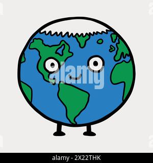 Planète Terre de dessin animé mignon. Personnage globe avec jambes. Pôle Nord, fonte des glaciers, concept de réchauffement climatique. Illustration vectorielle. Illustration de Vecteur