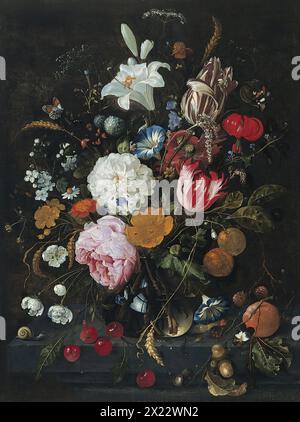Fleurs dans un vase en verre avec des fruits, 1665. Banque D'Images