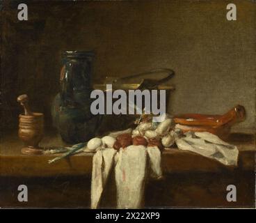 Nature morte avec pilon et mortier, Pitcher et Chaudron de cuivre, 1728. Banque D'Images
