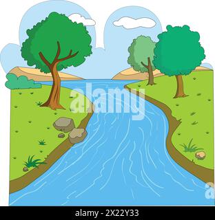 Illustration vectorielle montrant un ruisseau de rivière avec des arbres des deux côtés et des nuages en arrière-plan Illustration de Vecteur