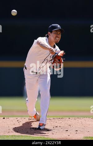 DETROIT, mi - 18 AVRIL : Kenta Maeda (18 ans), lanceur des Tigers de Detroit, lance lors d'un match de la MLB contre les Texas Rangers le 18 avril 2024 au Comerica Park à Detroit, Michigan. (Photo de Joe Robbins/image du sport) Banque D'Images