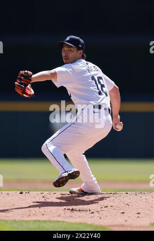 DETROIT, mi - 18 AVRIL : Kenta Maeda (18 ans), lanceur des Tigers de Detroit, lance lors d'un match de la MLB contre les Texas Rangers le 18 avril 2024 au Comerica Park à Detroit, Michigan. (Photo de Joe Robbins/image du sport) Banque D'Images