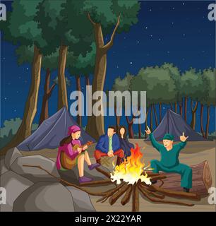 Illustration vectorielle montrant des gens appréciant le feu de camp avec des arbres en arrière-plan Illustration de Vecteur