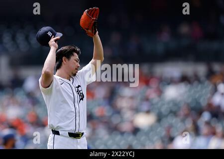 DETROIT, mi - 18 AVRIL : Kenta Maeda (18 ans), lanceur des Tigers de Detroit, réagit lors d'un match de la MLB contre les Texas Rangers le 18 avril 2024 au Comerica Park à Detroit, Michigan. (Photo de Joe Robbins/image du sport) Banque D'Images