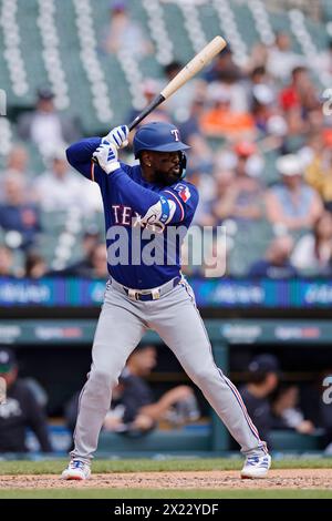 DETROIT, mi - 18 AVRIL : Adolis García (53), battes des Texas Rangers, lors d'un match MLB contre les Tigers de Detroit, le 18 avril 2024 au Comerica Park à Detroit, Michigan. (Photo de Joe Robbins/image du sport) Banque D'Images