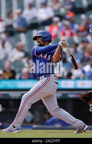 DETROIT, mi - 18 AVRIL : Marcus Semien (2), deuxième batteur des Texas Rangers, lors d'un match MLB contre les Tigers de Detroit, le 18 avril 2024 au Comerica Park à Detroit, Michigan. (Photo de Joe Robbins/image du sport) Banque D'Images