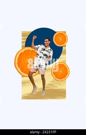 Collage créatif vertical image joyeux jeune homme dansant vacances touriste orange fruits frais juteux nutrition délicieuse Banque D'Images