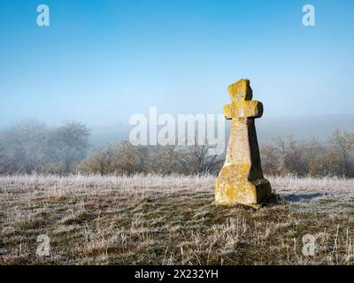 Croix médiévale en pierre dans le frost de hoargelée et le brouillard en hiver, croix de meurtre, croix d'expiation, Freyburg (Unstrut), Saxe-Anhalt, Allemagne Banque D'Images