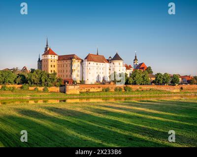 Château de Hartenfels sur l'Elbe à la lumière du matin, Torgau, Saxe, Allemagne Banque D'Images