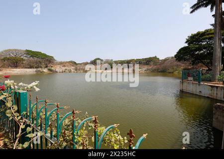 Lac dans le jardin botanique de Lalbagh, Bengaluru, Karnataka, Inde. Banque D'Images