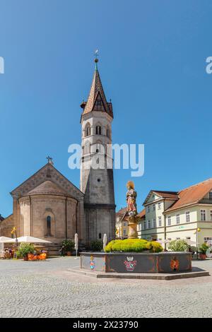 Église Saint-Jean et fontaine Sainte-Marie sur la place du marché, Schwaebisch Gmuend, Bade-Wuerttemberg, Allemagne, Schwaebisch Gmuend Banque D'Images