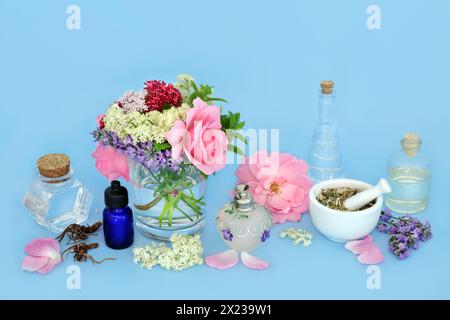 Fleurs et herbes homéopathiques utilisées en phytothérapie naturelle. Préparation des ingrédients alimentaires de la flore sédative médicinale sur bleu. Banque D'Images