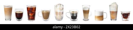 Ensemble de différentes boissons de café dans des tasses et des verres sur fond blanc Banque D'Images