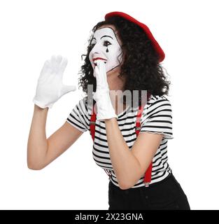 Drôle mine avec béret posant sur fond blanc Banque D'Images