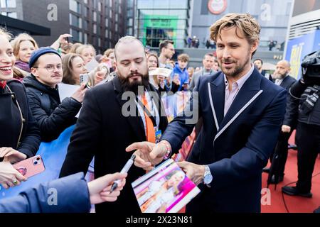 Berlin, Allemagne. 19 avril 2024. Ryan Gosling, acteur, signe des autographes à son arrivée au cinéma UCI luxe East Side Gallery pour la première européenne du film « The Fall Guy ». Crédit : Christoph Soeder/dpa/Alamy Live News Banque D'Images