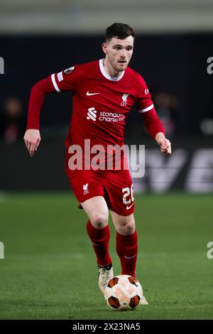 Bergame, Italie. 18 avril 2024. Andrew Robertson du Liverpool FC en action lors du match de deuxième manche en quart de finale de l'UEFA Europa League opposant Atalanta BC et Liverpool FC. Crédit : Nicolò Campo/Alamy Live News Banque D'Images