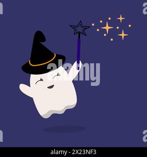 Mignon fantôme d'Halloween dans le chapeau de sorcière. Avec baguette. Fait des merveilles. Fantôme effrayant drôle, personnage de bébé souriant. Kawaii Helloween Spook, esprit dans le drap. ISO Banque D'Images
