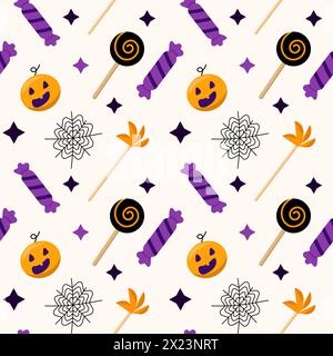 Motif sans couture d'Halloween. Isolé sur jaune clair. Vecteur pour affiche, offre, flyer, bannière, invitation, carte de voeux. Ballon, citrouille, oeil, con Banque D'Images