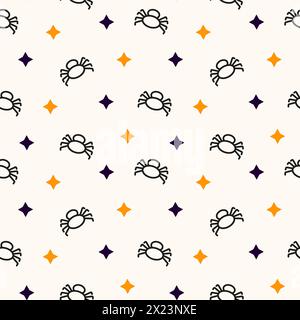 Modèle sans couture d'Halloween avec araignée de bande dessinée et étoiles. Isolé sur jaune clair. Vecteur pour affiche, offre, flyer, bannière, invitation, carte de voeux Banque D'Images