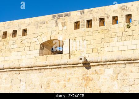 Valletta, Malte, 3 avril 2024. Les canons sur les remparts de préparation Elmo fort dans le centre historique de la ville Banque D'Images