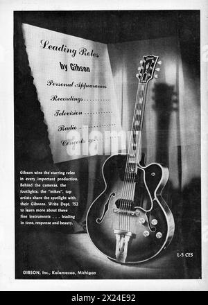 Une publicité pour les guitares Gibson d'un magazine du début des années 1950. Il présente le modèle l-5 ces. Banque D'Images