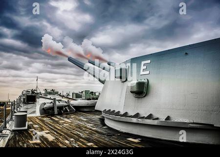 Le navire de guerre USS Alabama à la Memorial Park en mobile. 680m de long et 35 000 tonnes avec 9 canons de 16 Banque D'Images