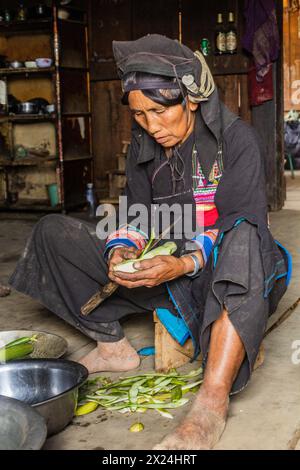 SAMARKISAY, LAOS - 22 NOVEMBRE 2019 : femme d'ethnie Akha dans ses vêtements traditionnels préparant un repas dans sa maison dans le village de Samarkisay à Phongsal Banque D'Images