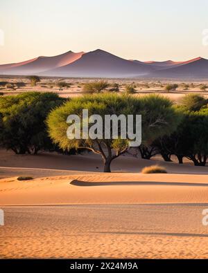 Paysage numérique panoramique des arbres verts magnifiquement contrastés contre les dunes rouges de Namibie, Afrique. Banque D'Images