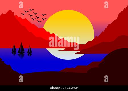 Coucher de soleil dans les montagnes. Illustration vectorielle d'un paysage de montagne. Illustration de Vecteur