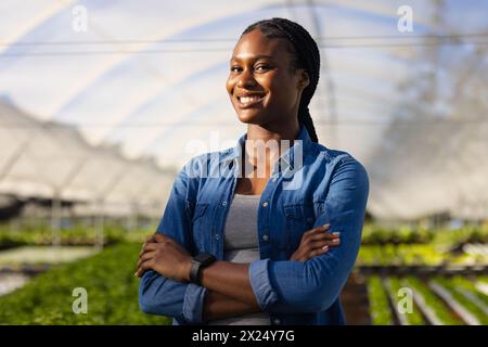 Fermière afro-américaine souriant, bras croisés dans une serre hydroponique Banque D'Images