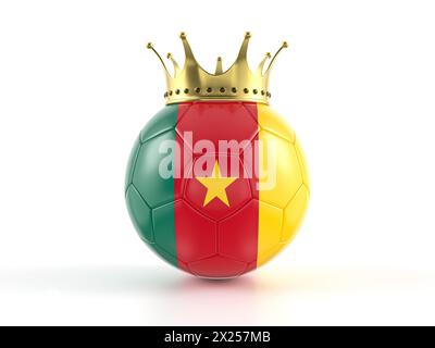 Ballon de football drapeau Cameroun avec couronne sur fond blanc. illustration 3d. Banque D'Images